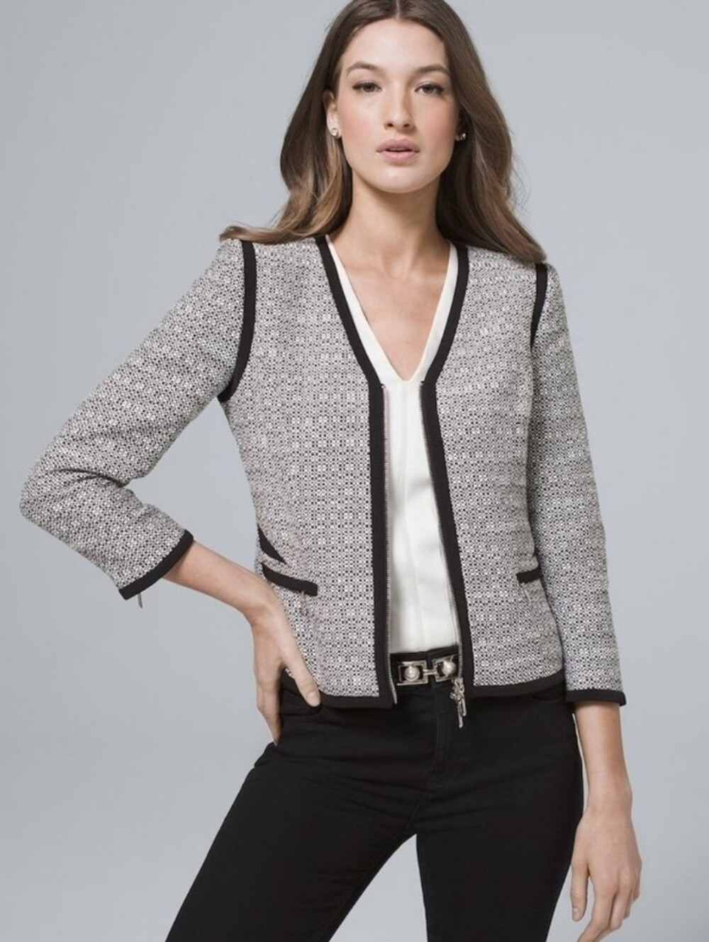 White House Black Market Grey Tweed Blazer Jacket Zip Front Career Cotton Sz 8